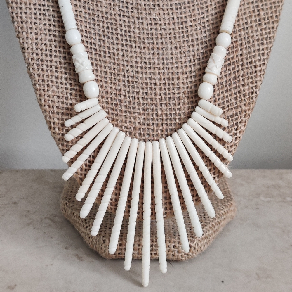 Vintage Art Deco Carved Bone Spike Fringe Cleopatra Necklace